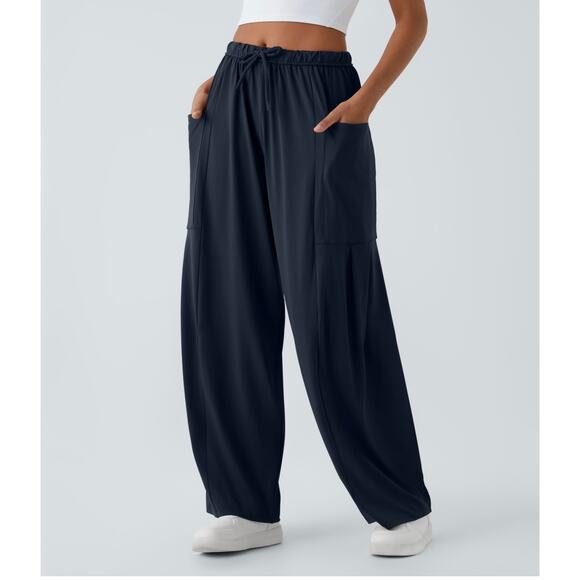 HALARA Pants - Halara NEW Wmn Navy Blue Pull-On Palazzo Flowy Wide Leg Pants Sz L Drawstring